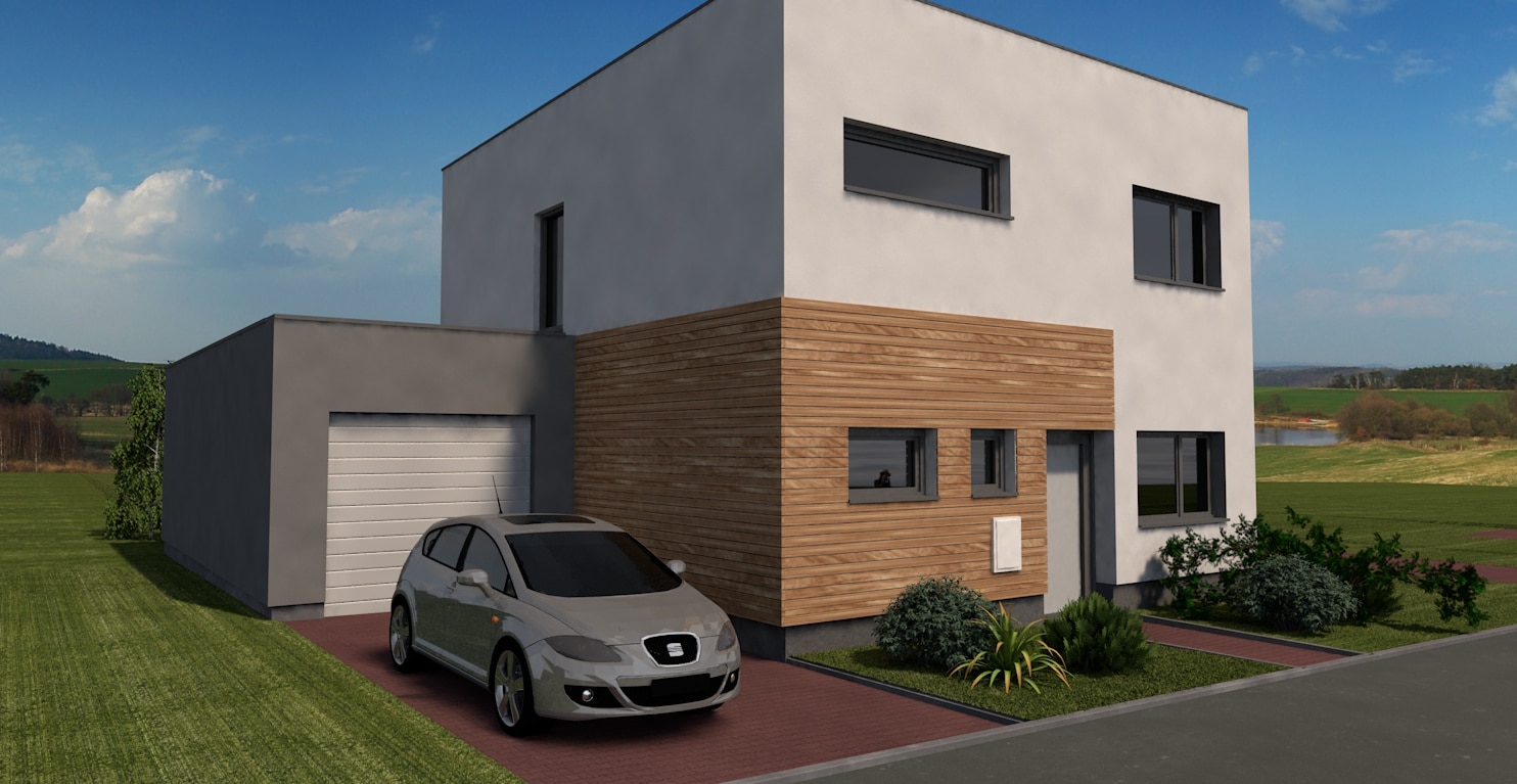 vizualizace bílo-šedého dvoupatrového domu s částečně dřevěným obložením a garáží