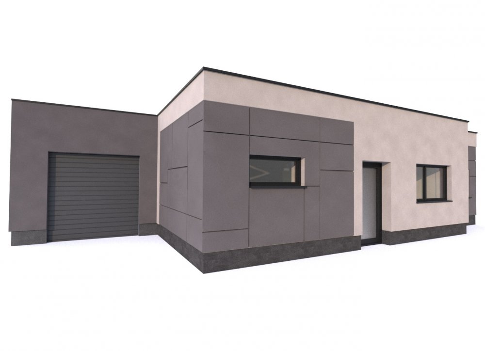 vizualizace šedého jednopatrového rodinného domu s garáží 