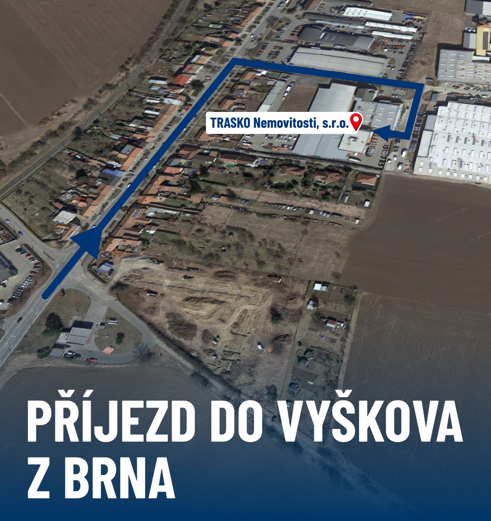 Mapa sídla společnosti s vyznačeným příjezdem z Brna do Vyškova