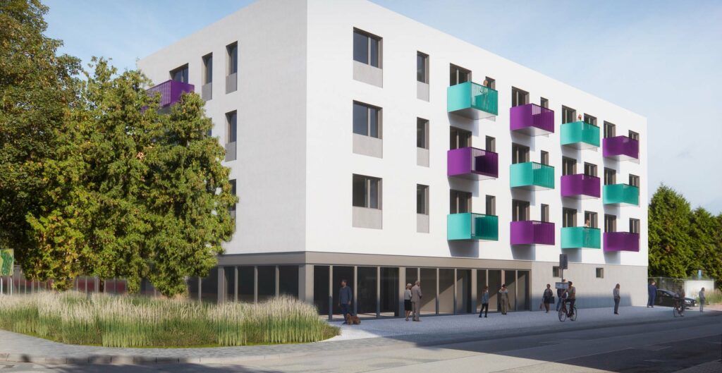 vizualizace moderního bílého bytového domu s barevnými balkóny