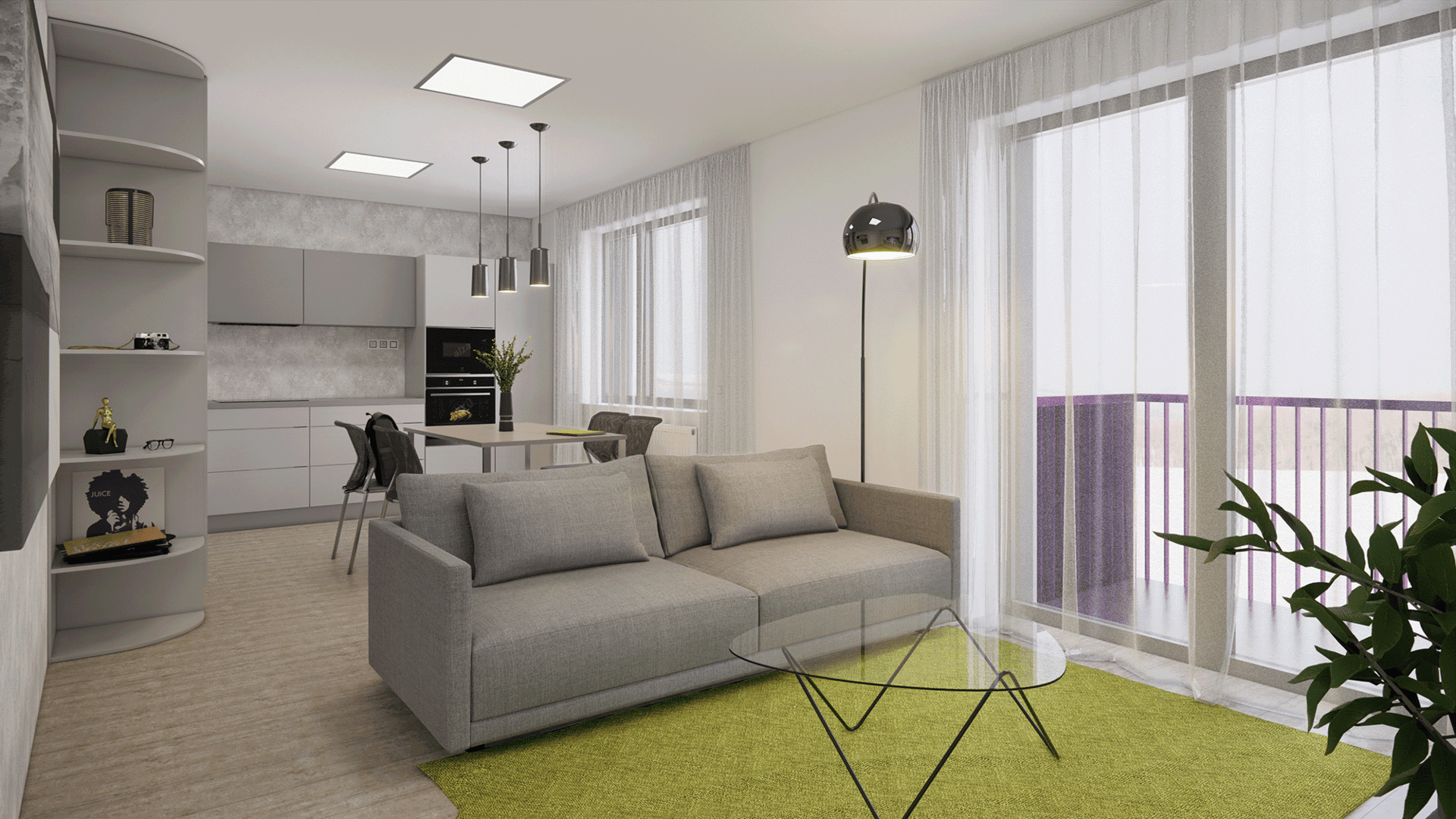 vizualizace bílého moderního bytového domu s barevnými balkóny