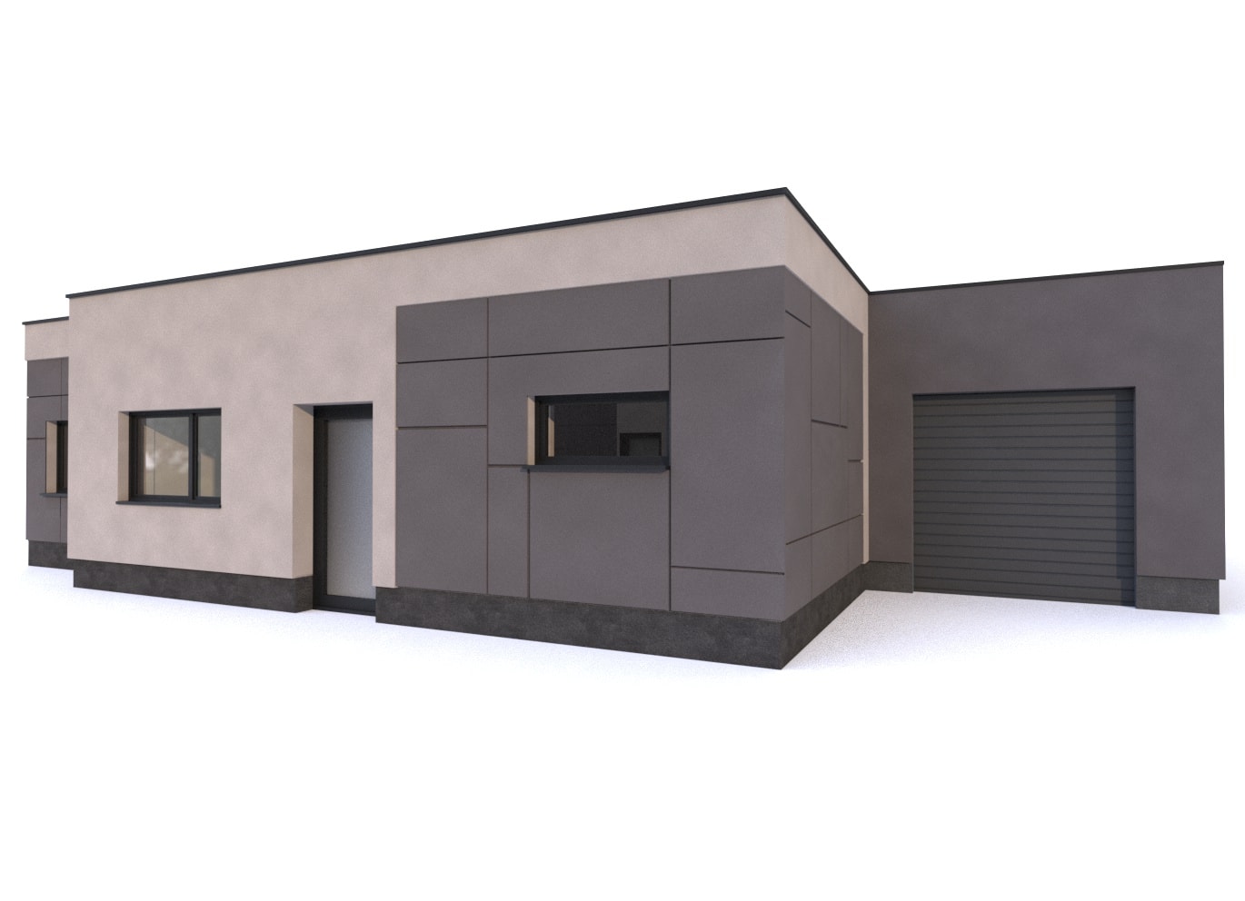 vizualizace šedého jednopatrového rodinného domu s garáží